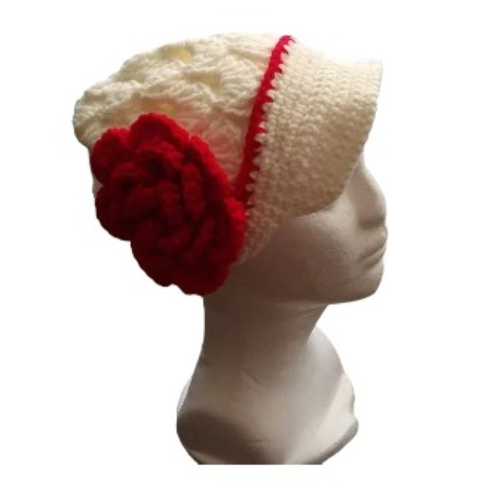 Handmade White Color Cap with Red Flower